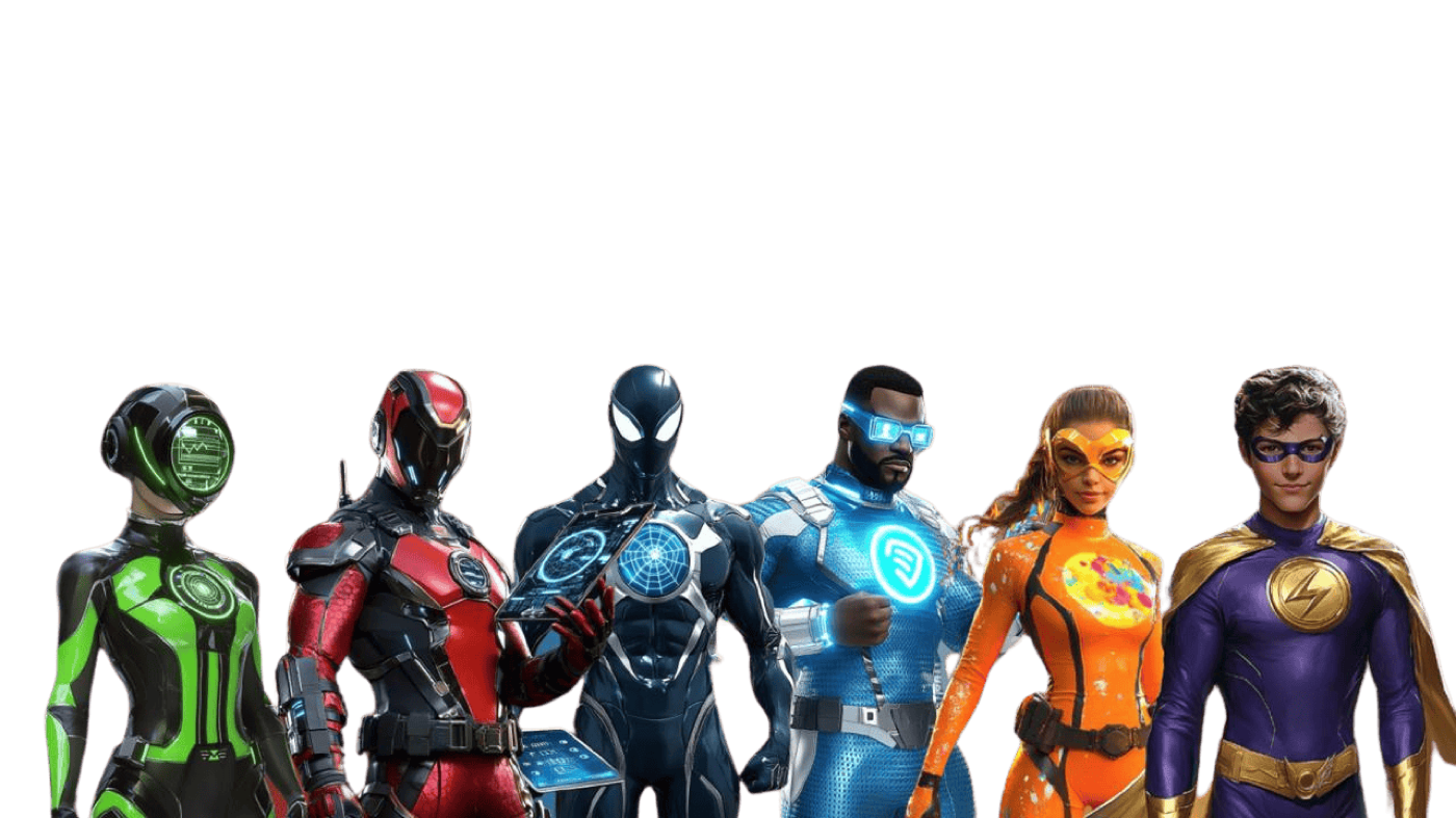 L'équipe de super-héros COM'X : Brandix, Optimix, Webix, Conecto, Créatix et Brainstormix