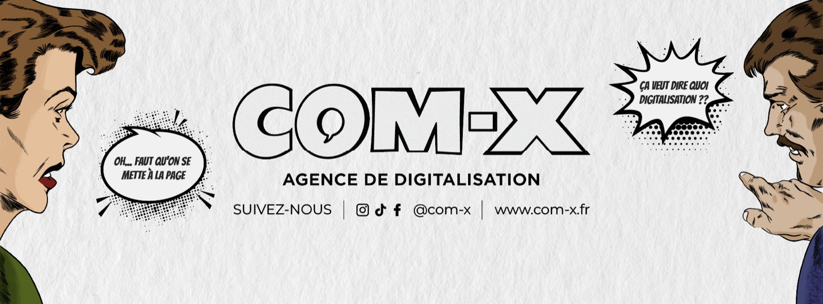 Deux personnages BD se demandent ce que veut dire "digitalisation" — visuel de marque COM'X